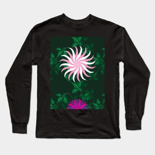 White, Pink, Cerise and Purple Flowers on a Vine Leaves and Forest Green background Long Sleeve T-Shirt